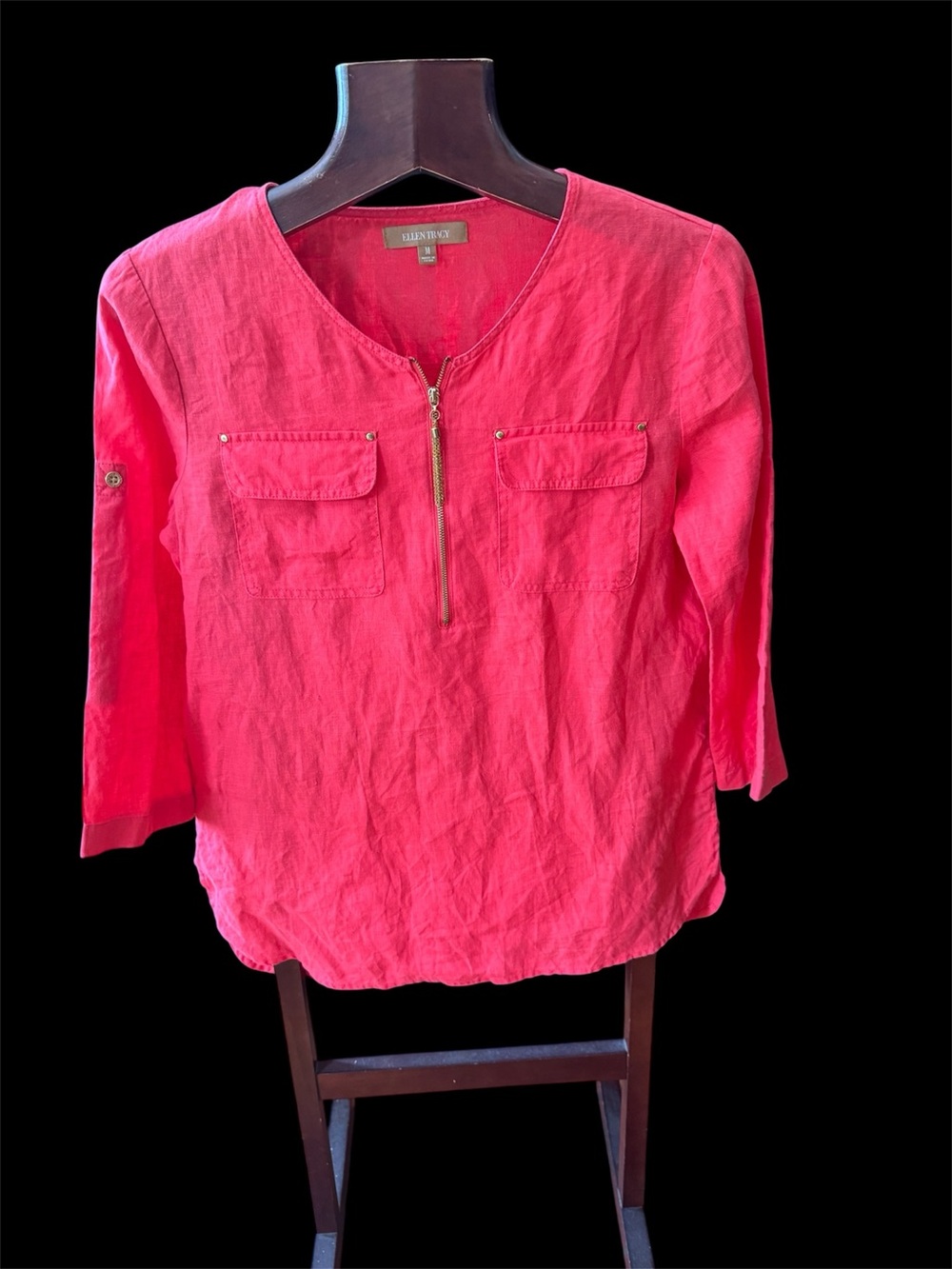 Ellen Tracy Pink Half-Zip Linen blouse size M like new